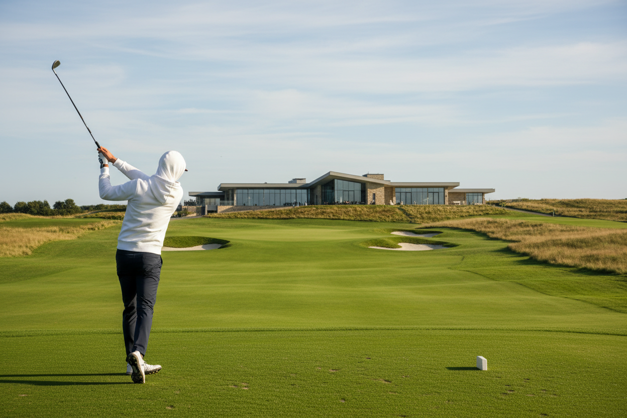 ore zoomed out with a nice clubhouse in the background and make the person wear a hoodie with a hood
