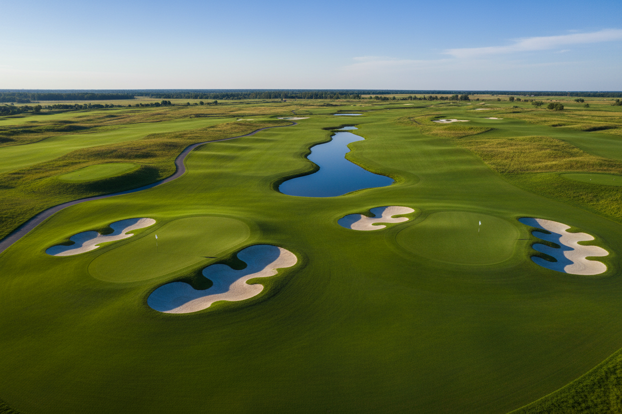 show multiple holes maybe from an aerial view of a pure green golf course